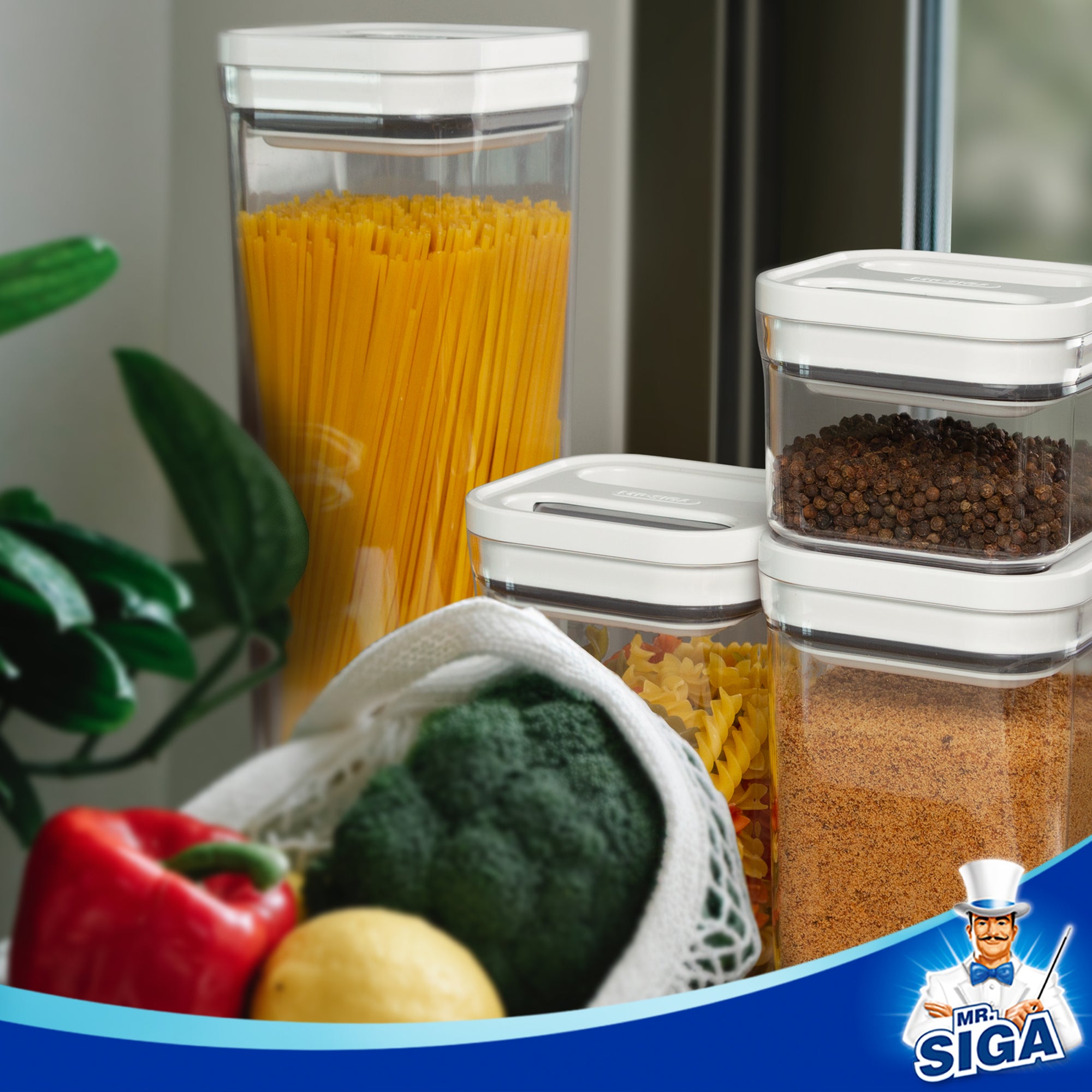 MR.SIGA 6 Piece Airtight Food Storage Container Set, BPA Free Kitchen Pantry Organization Canisters, One-handed Kitchen Storage Containers for Cereal, Spaghetti, Pasta, White
