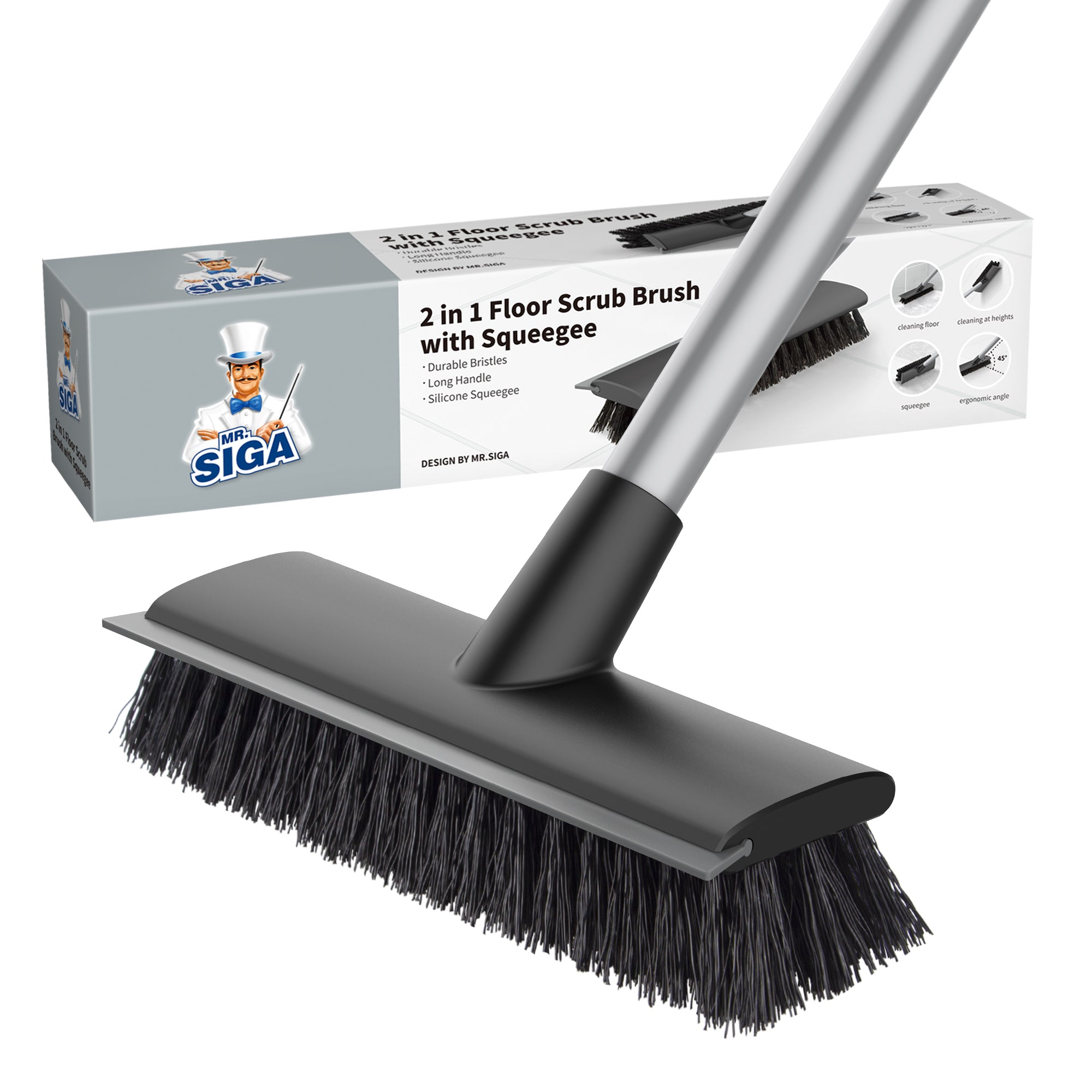 MR.SIGA Floor Scrub Brush with Long Handle, 2 in 1 Scrubber and Squeegee for Cleaning Bathroom, Patio, Garage, Wall, Tile with Stiff Bristles