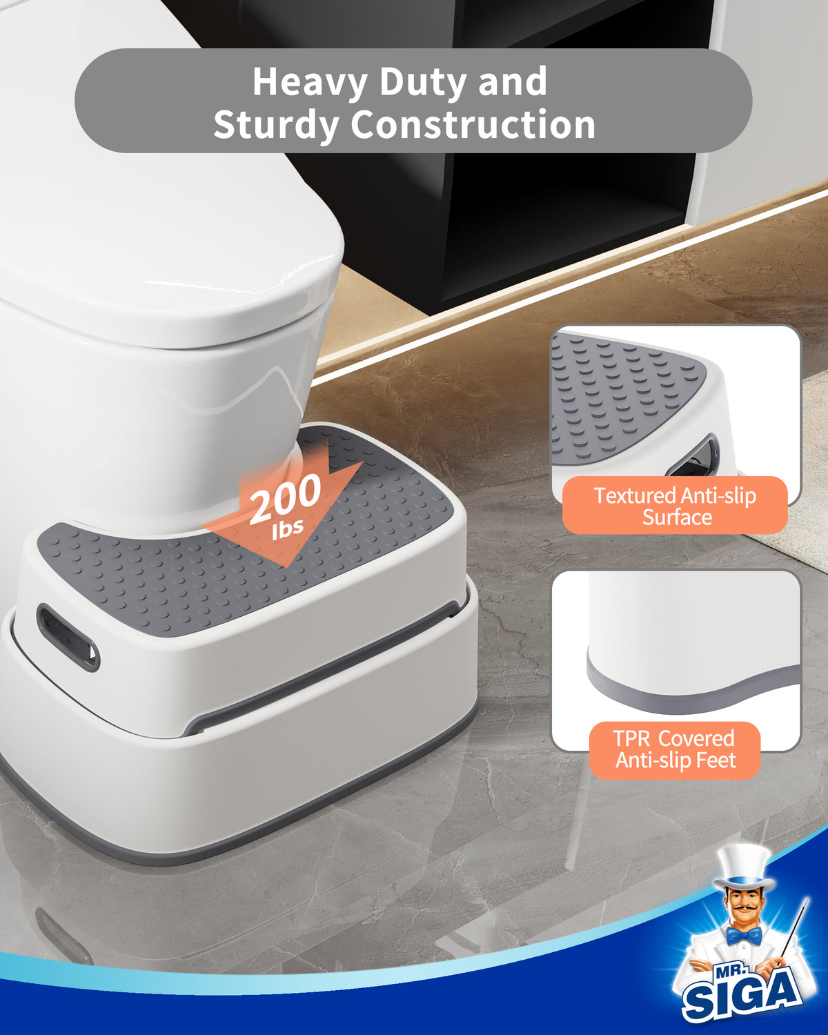 MR.SIGA Toilet Stool Squat Adult, Bathroom Stool Heavy Duty, Anti Slip