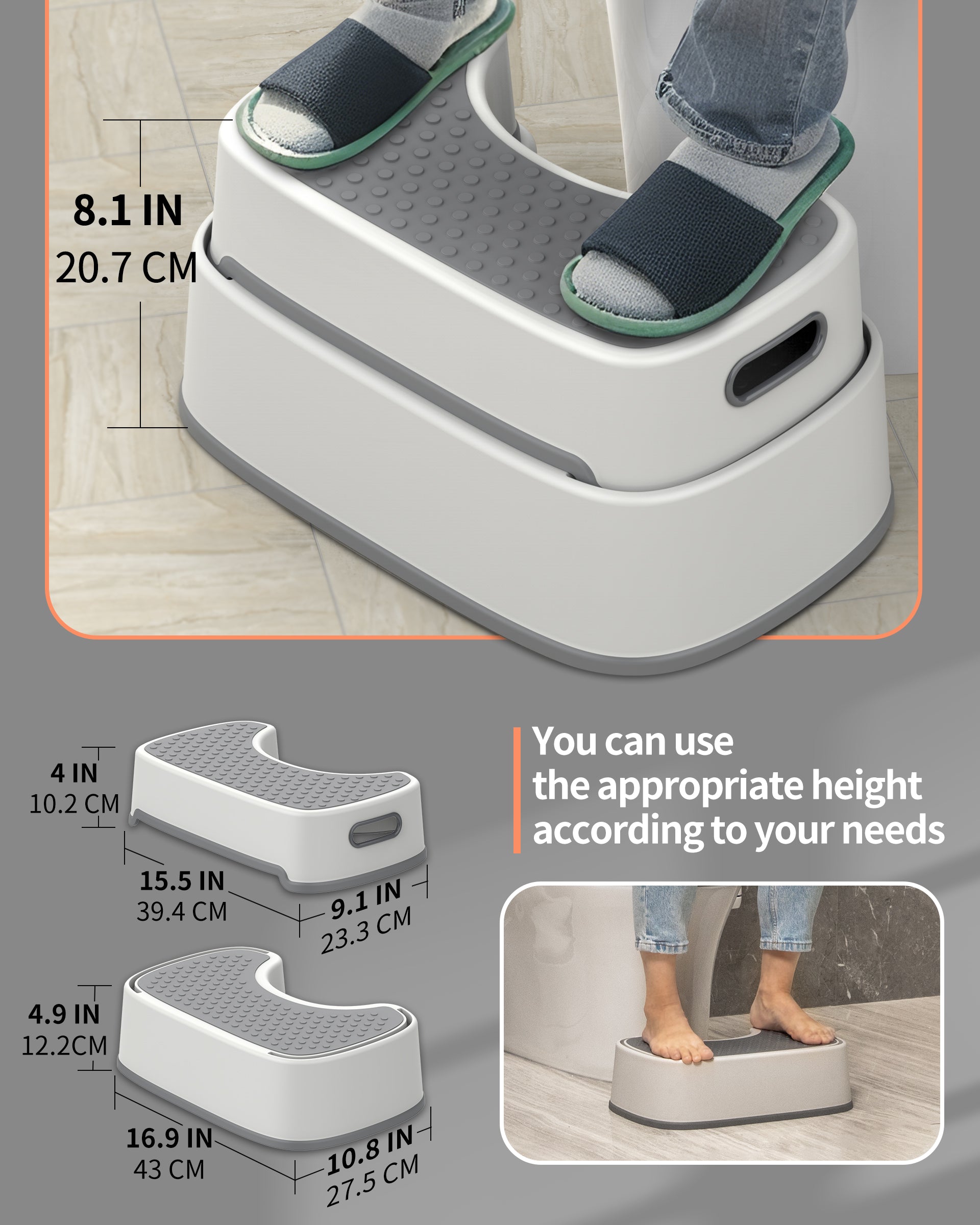 MR.SIGA Toilet Stool Squat Adult, Bathroom Stool Heavy Duty, Anti Slip Toilet Step for Bathroom, Toddler Step Stool for Kids, Off-White & Dark Gray