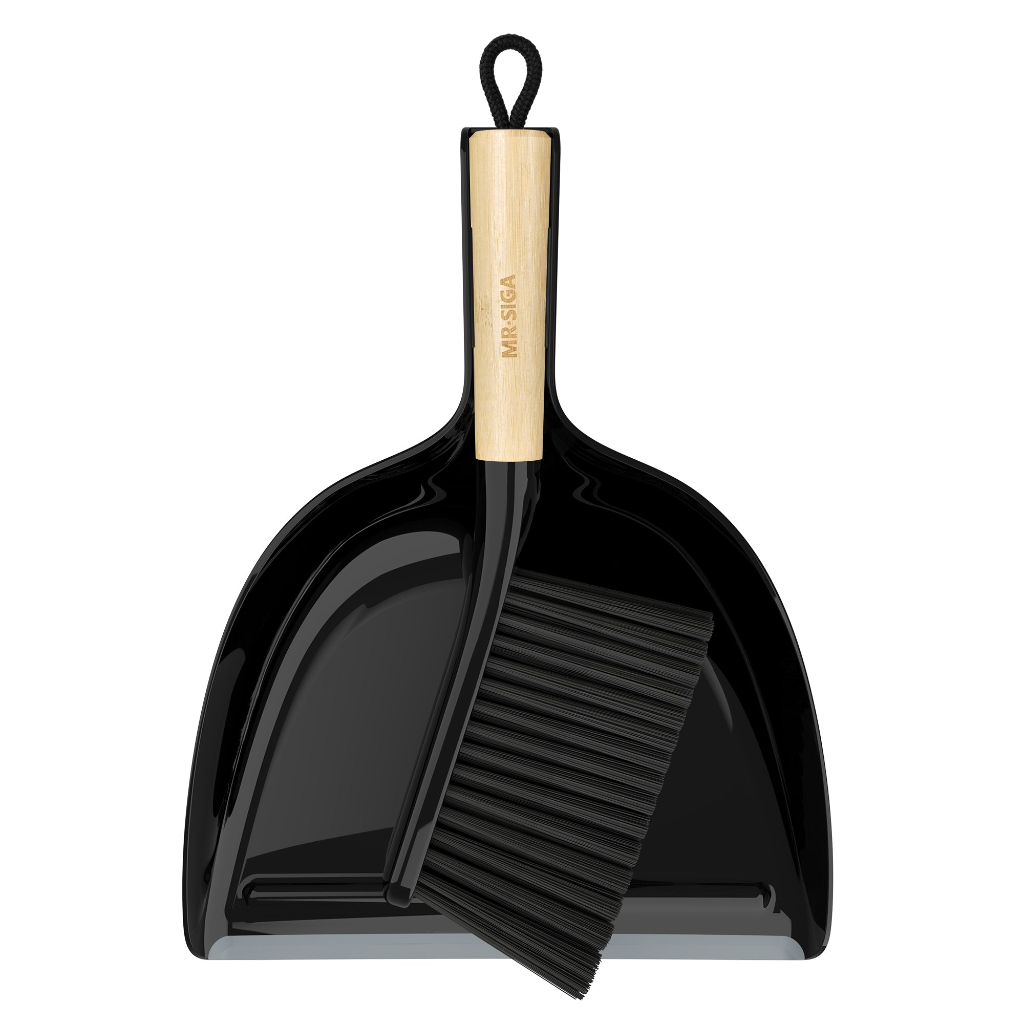 MR.SIGA Dustpan and Brush Set, Portable Cleaning Brush and Dustpan Combo with Bamboo Handle, Black, 1 Set