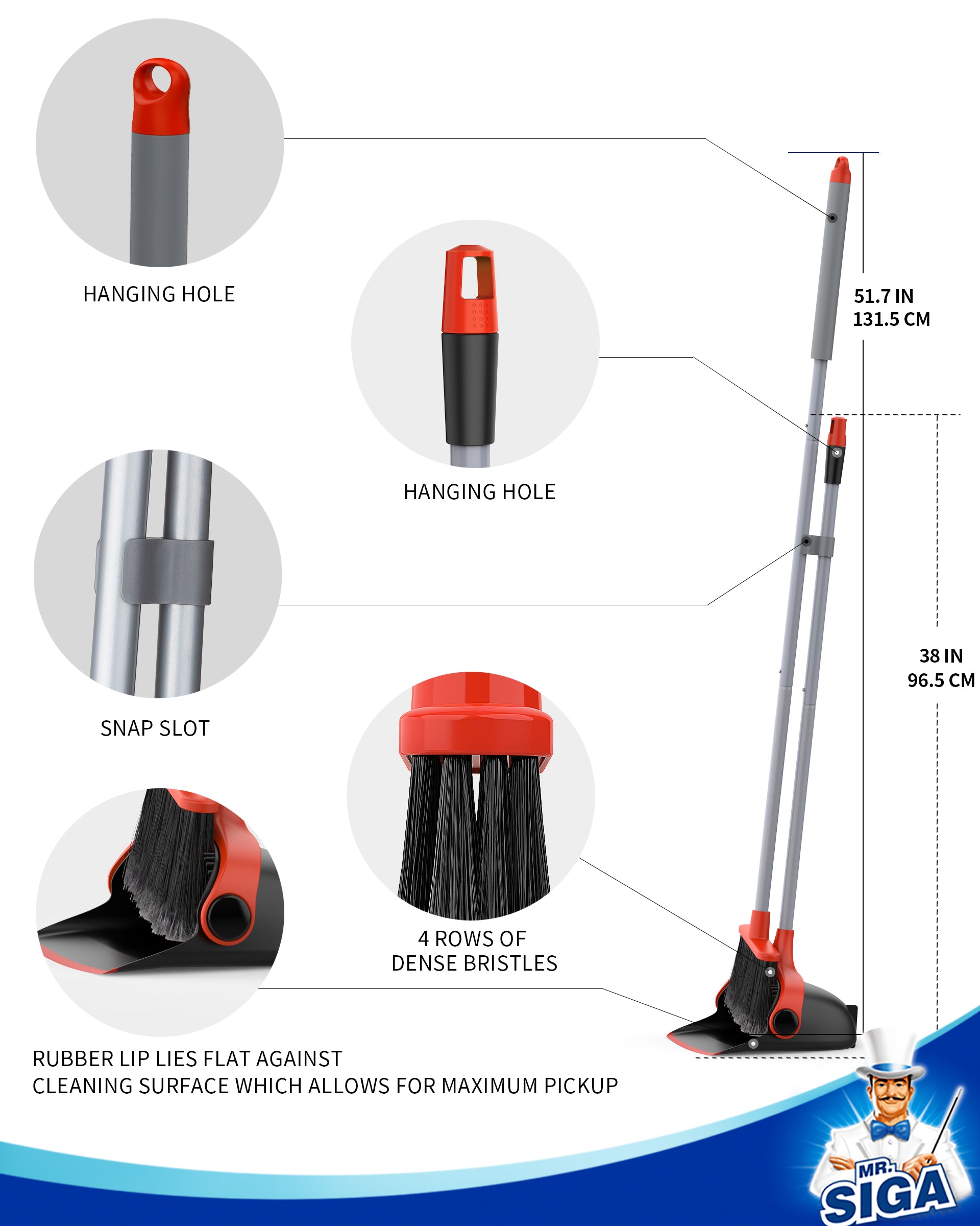 MR.SIGA Broom and Dustpan Set with Long Handle, Stand Upright Broom with Dustpan Combo for Floor Cleaning, Lightweight Sweeping Set for Indoor and Outdoor Use, 51.7"(131 cm) Long Handle, Black & Red