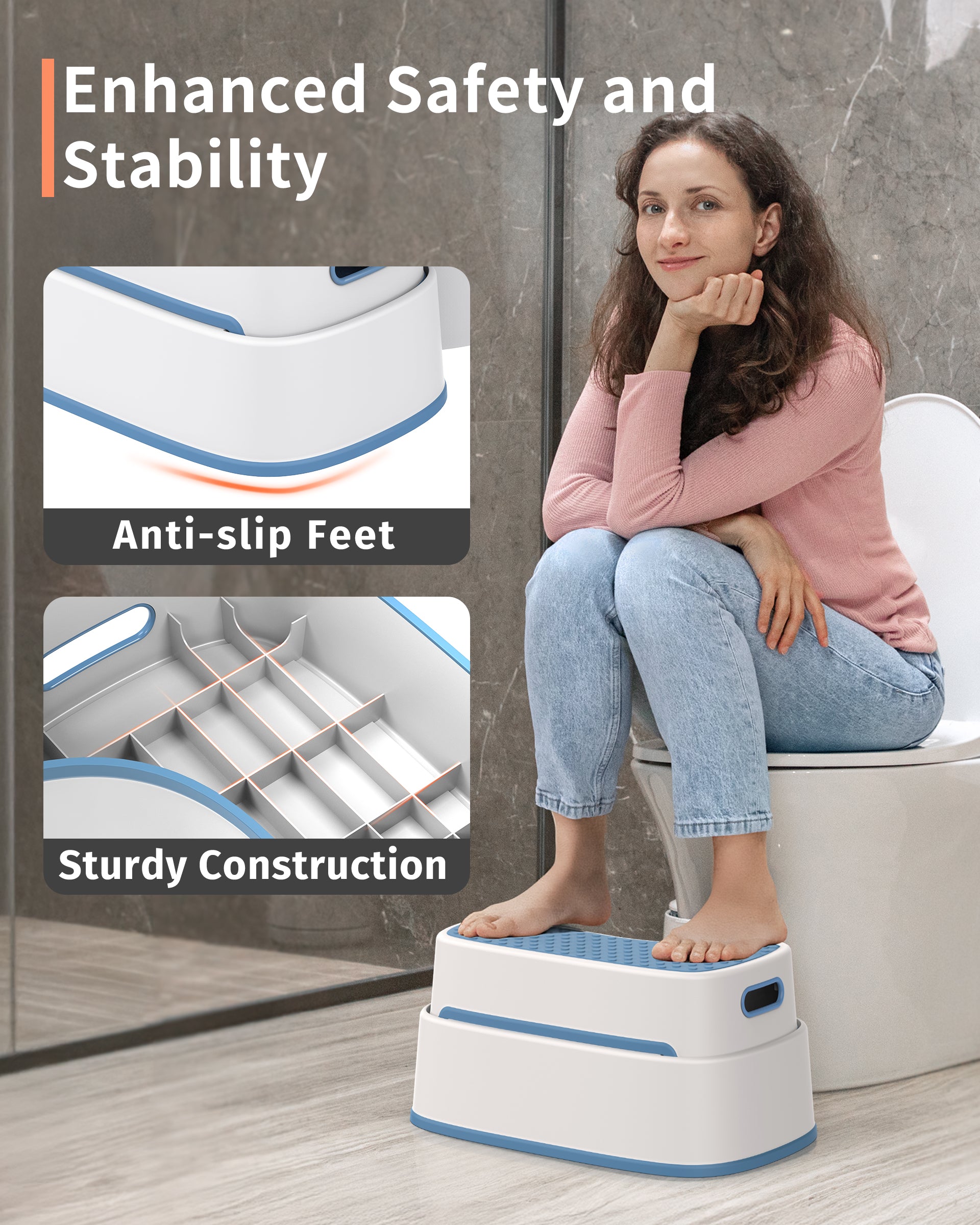 MR.SIGA Toilet Stool Squat Adult Bathroom Foot Stool, White & Grayish Blue | Heavy Duty Anti-Slip Bathroom Step for Improved Posture