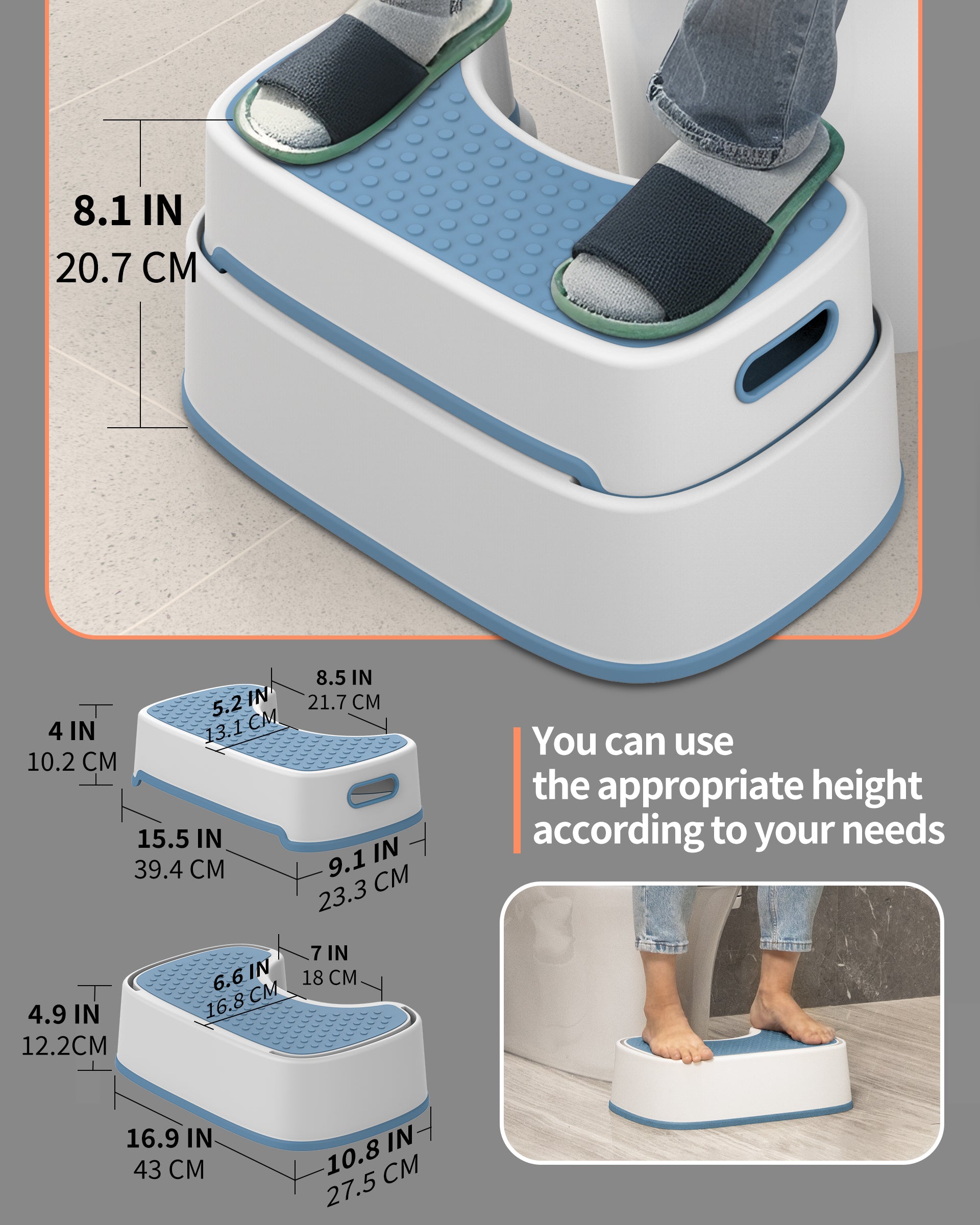 MR.SIGA Toilet Stool Squat Adult Bathroom Foot Stool, White & Grayish Blue | Heavy Duty Anti-Slip Bathroom Step for Improved Posture