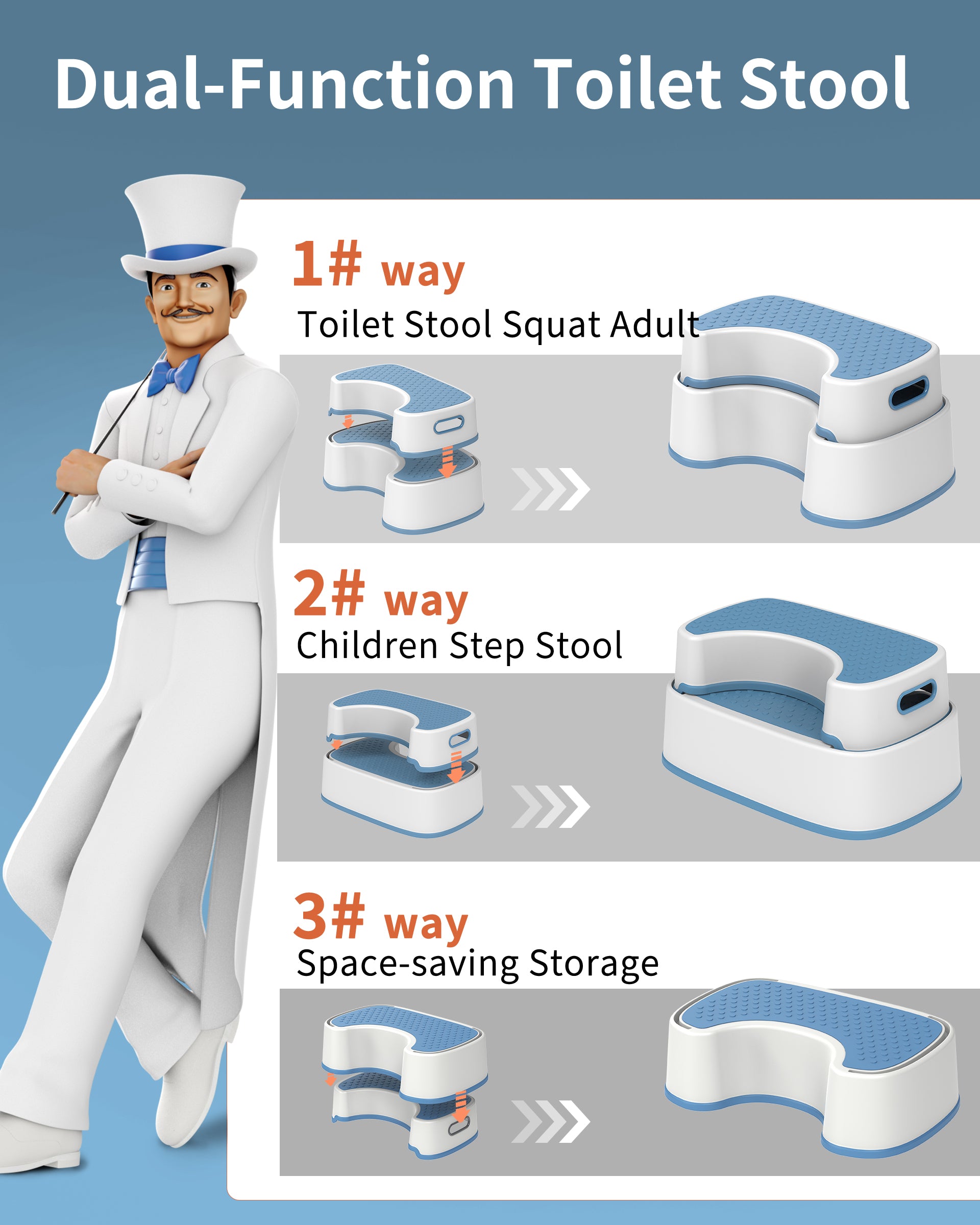 MR.SIGA Toilet Stool Squat Adult Bathroom Foot Stool, White & Grayish Blue | Heavy Duty Anti-Slip Bathroom Step for Improved Posture