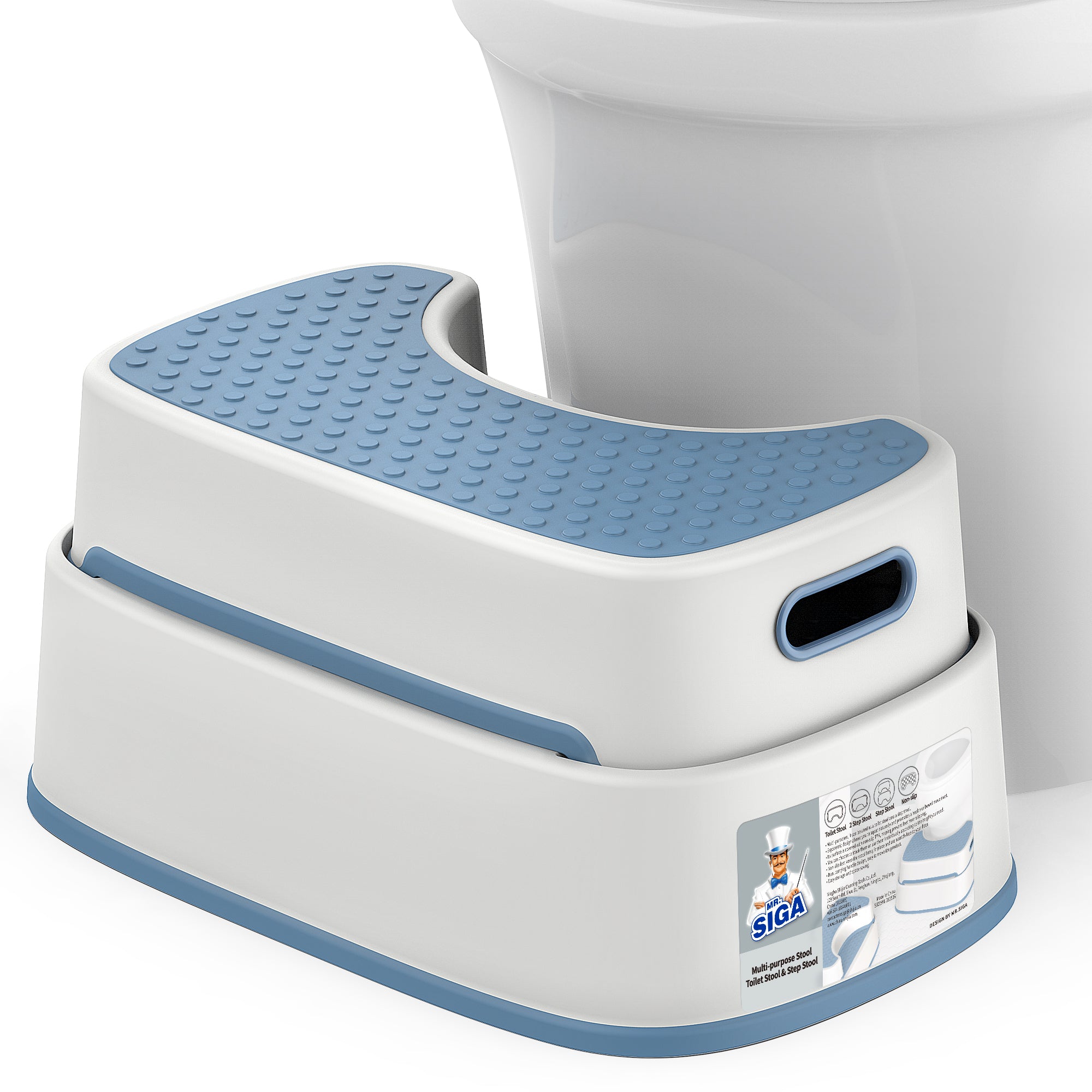 MR.SIGA Toilet Stool Squat Adult Bathroom Foot Stool, White & Grayish Blue | Heavy Duty Anti-Slip Bathroom Step for Improved Posture