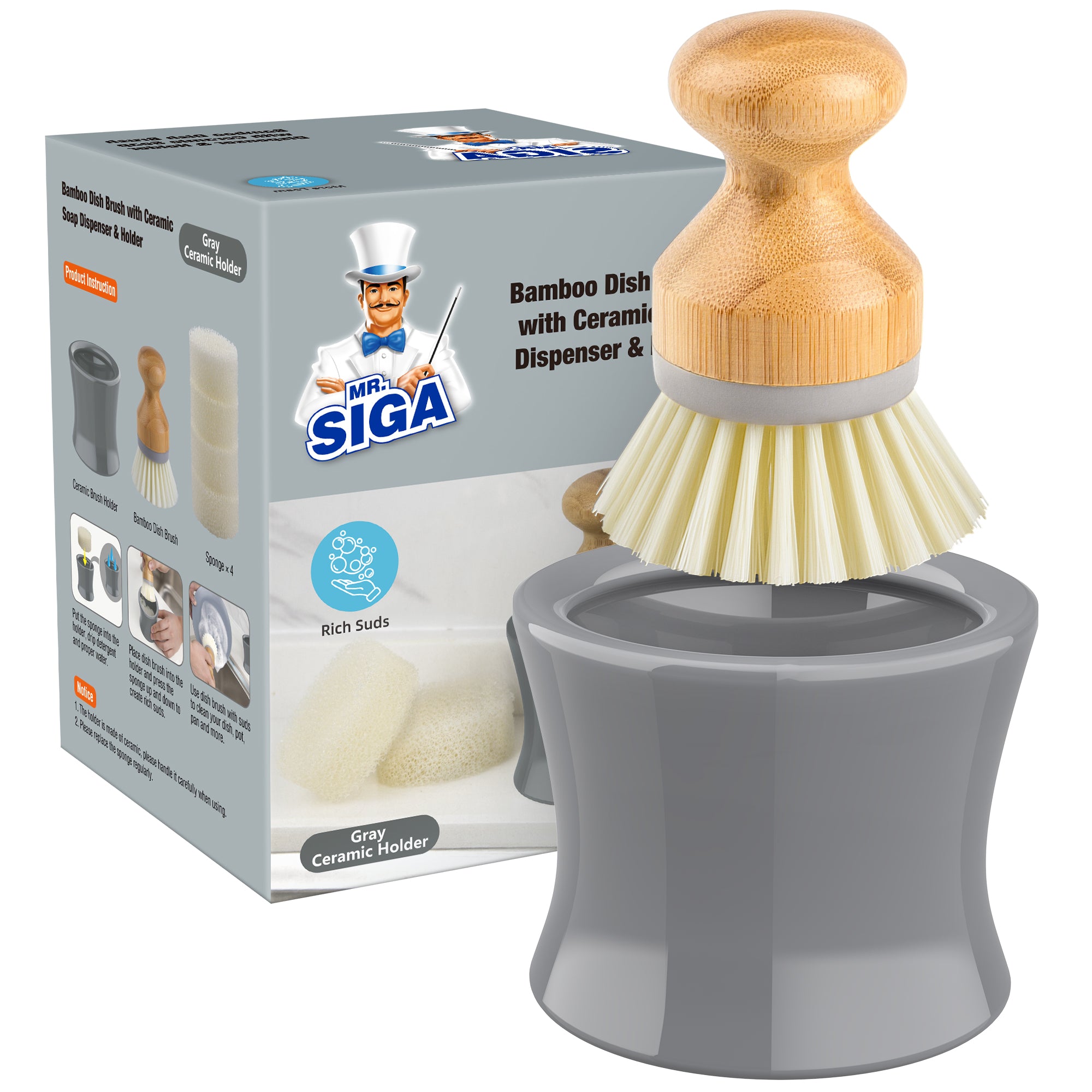 MR.SIGA Spülmittelspender &amp; -halter, Bambus-Spülbürste mit Seifenspender-Set, inkl. 4 auswechselbaren Schwämmen, Spülbürstenhalter in Grau 