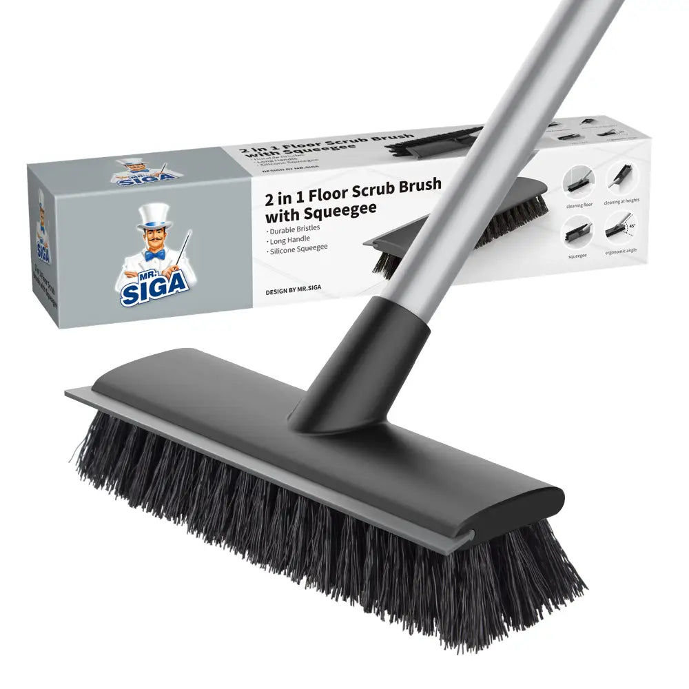 MR.SIGA Floor Scrub Brush with Long Handle 2 in 1 Scrubber and Squeegee for Cleaning Bathroom Patio Garage Wall Tile
