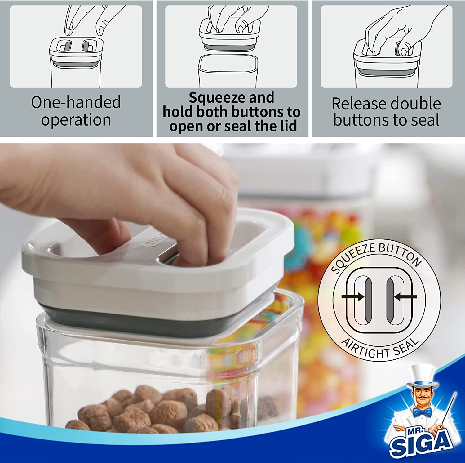 MR.SIGA 4 Pack Airtight Food Storage Container Set, with One-handed Leak Proof Lids, 1L / 33.8oz, Medium, White