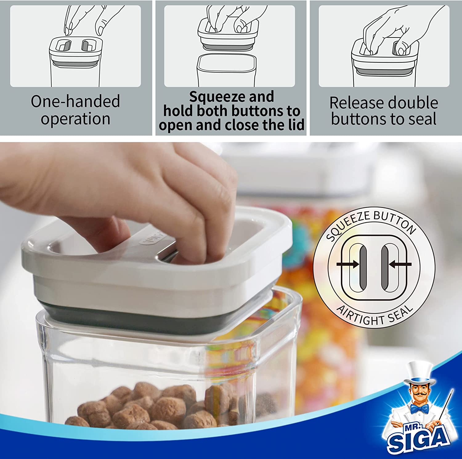 MR.SIGA 8 Piece Airtight Food Storage Container Set, One-Handed Airtight Plastic Containers with Lids for Cereal, Spaghettie, Pasta,White