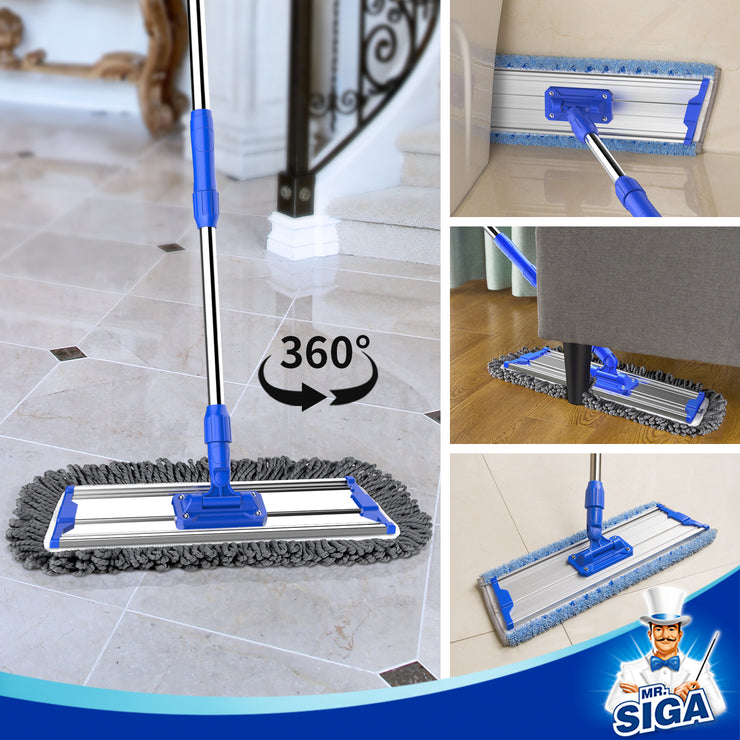 MR.SIGA 18" Professional Microfiber Mop for Floor Cleaning, Stainless Steel Telescopic Handle