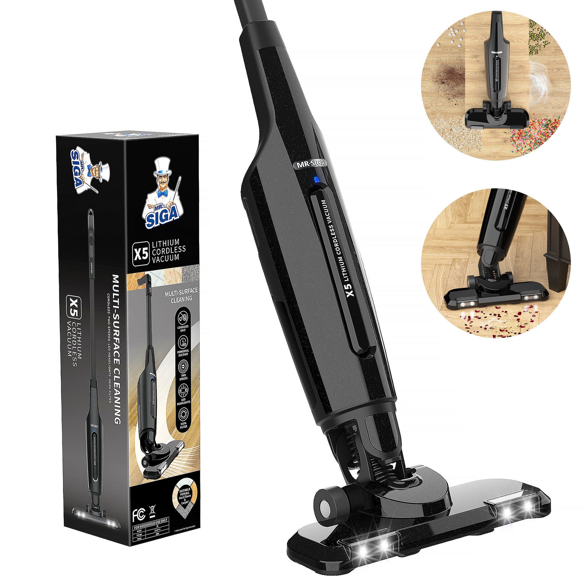 MR.SIGA Lightweight Cordless Vacuum Cleaner, for Hard Floors Dry Cleaning and Pet Hair, LED Headlights, HEPA Filter