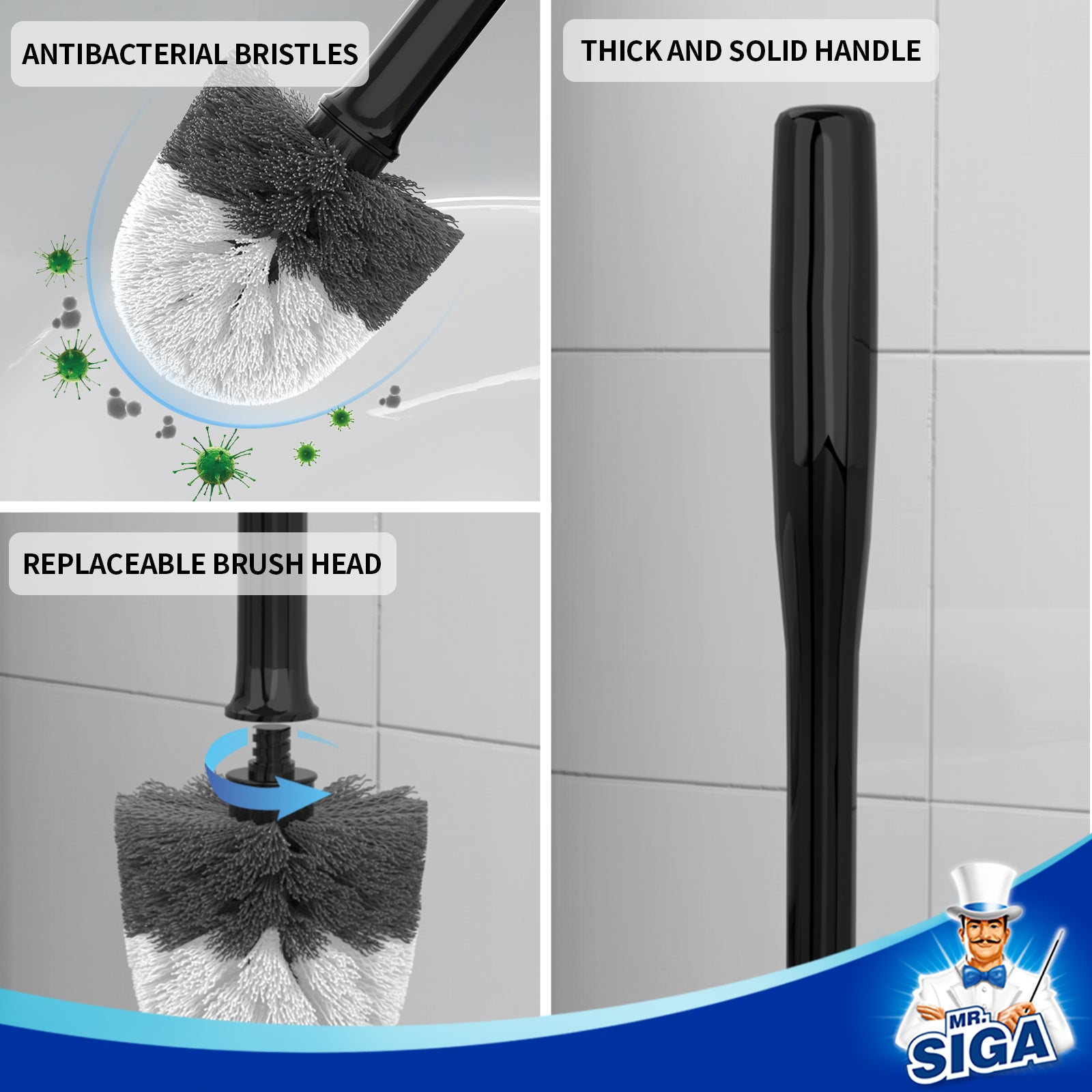 MR.SIGA Toilet Bowl Brush and Holder, Premium Quality, with Solid Handle and Durable Bristles for Bathroom Cleaning, Black, 1 Pack