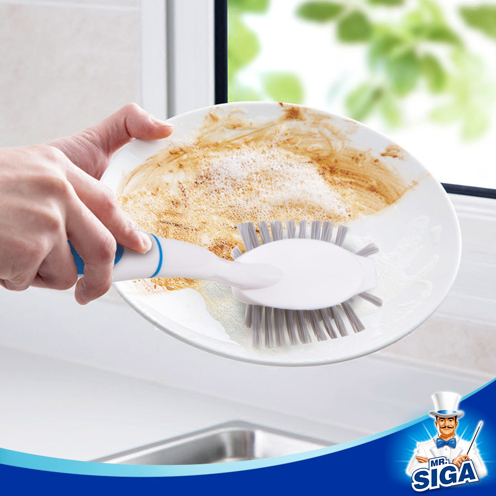 MR.SIGA Dish Brush with  Handle Built-in Scraper, for Pans, Pots, Kitchen Sink Cleaning, Pack of 3