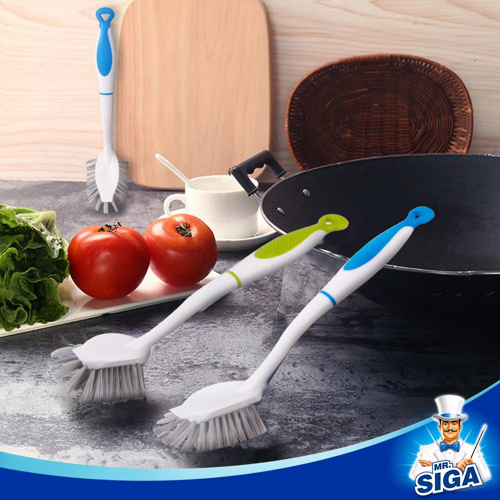 MR.SIGA Dish Brush with  Handle Built-in Scraper, for Pans, Pots, Kitchen Sink Cleaning, Pack of 3
