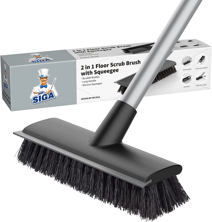 MR.SIGA Floor Scrub Brush with Long Handle, 2 in 1 Floor Scrubber and Squeegee