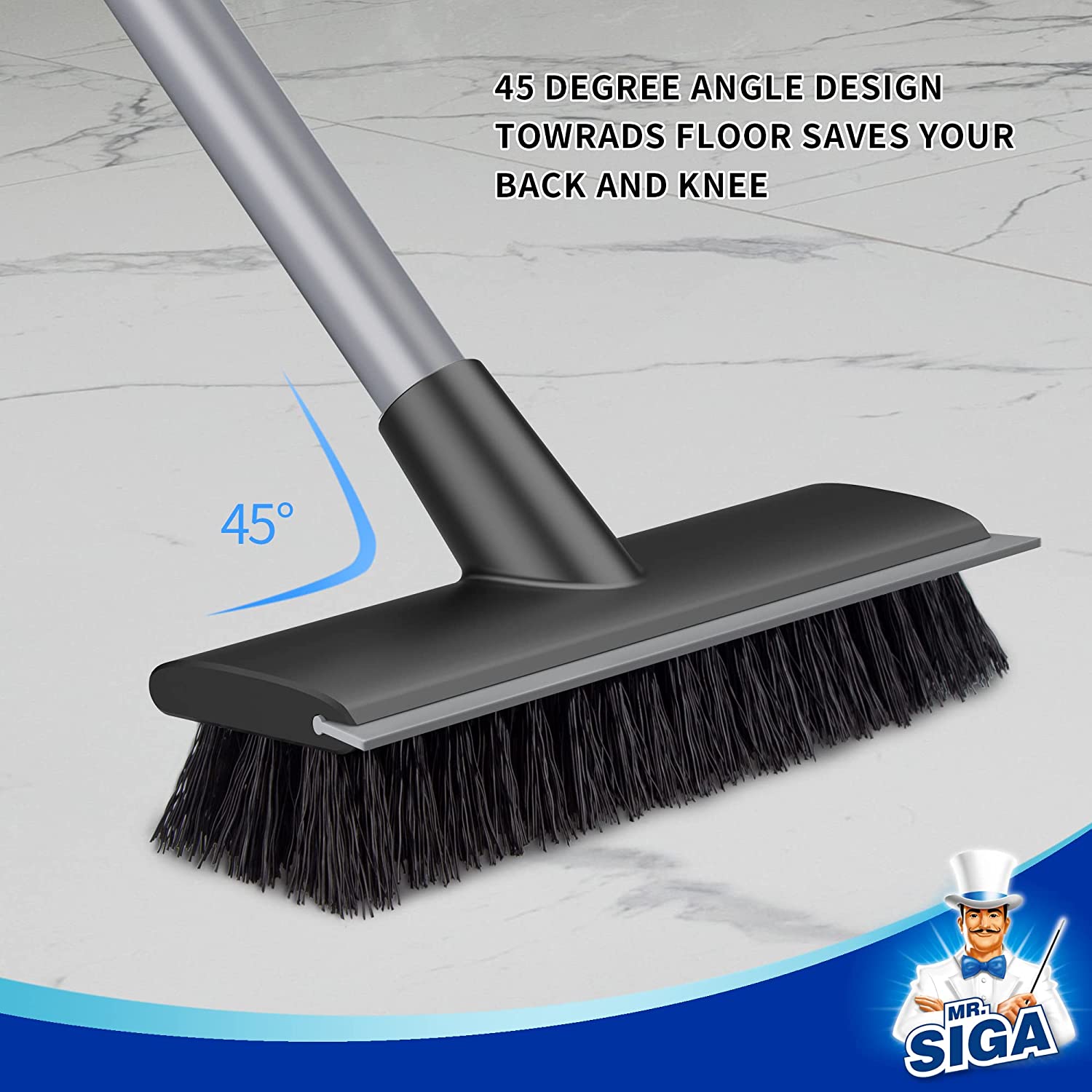 MR.SIGA Bodenschrubberbürste mit langem Griff, 2-in-1-Bodenschrubber und Abzieher 