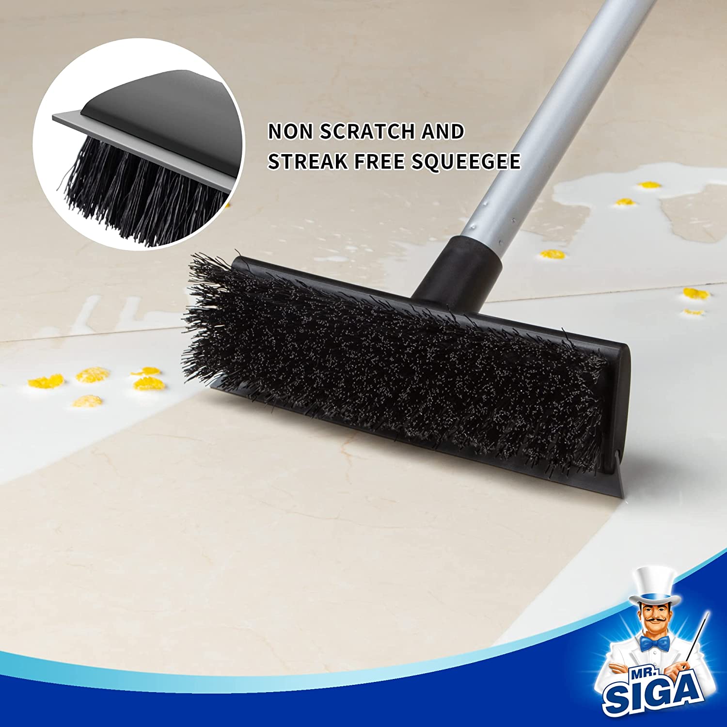 MR.SIGA Bodenschrubberbürste mit langem Griff, 2-in-1-Bodenschrubber und Abzieher 