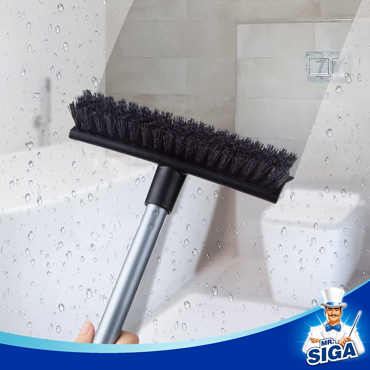 MR.SIGA Bodenschrubberbürste mit langem Griff, 2-in-1-Bodenschrubber und Abzieher 