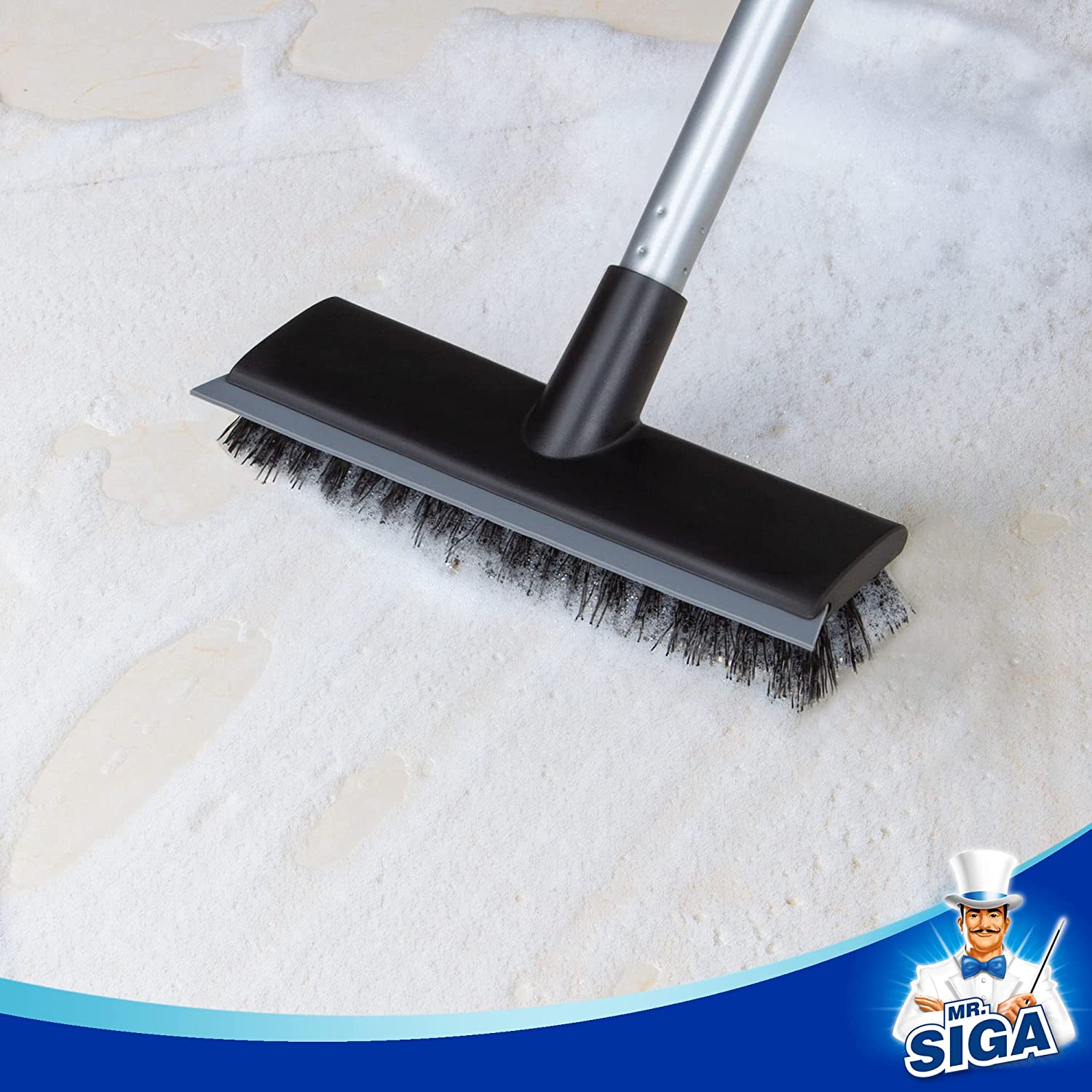 MR.SIGA Bodenschrubberbürste mit langem Griff, 2-in-1-Bodenschrubber und Abzieher 