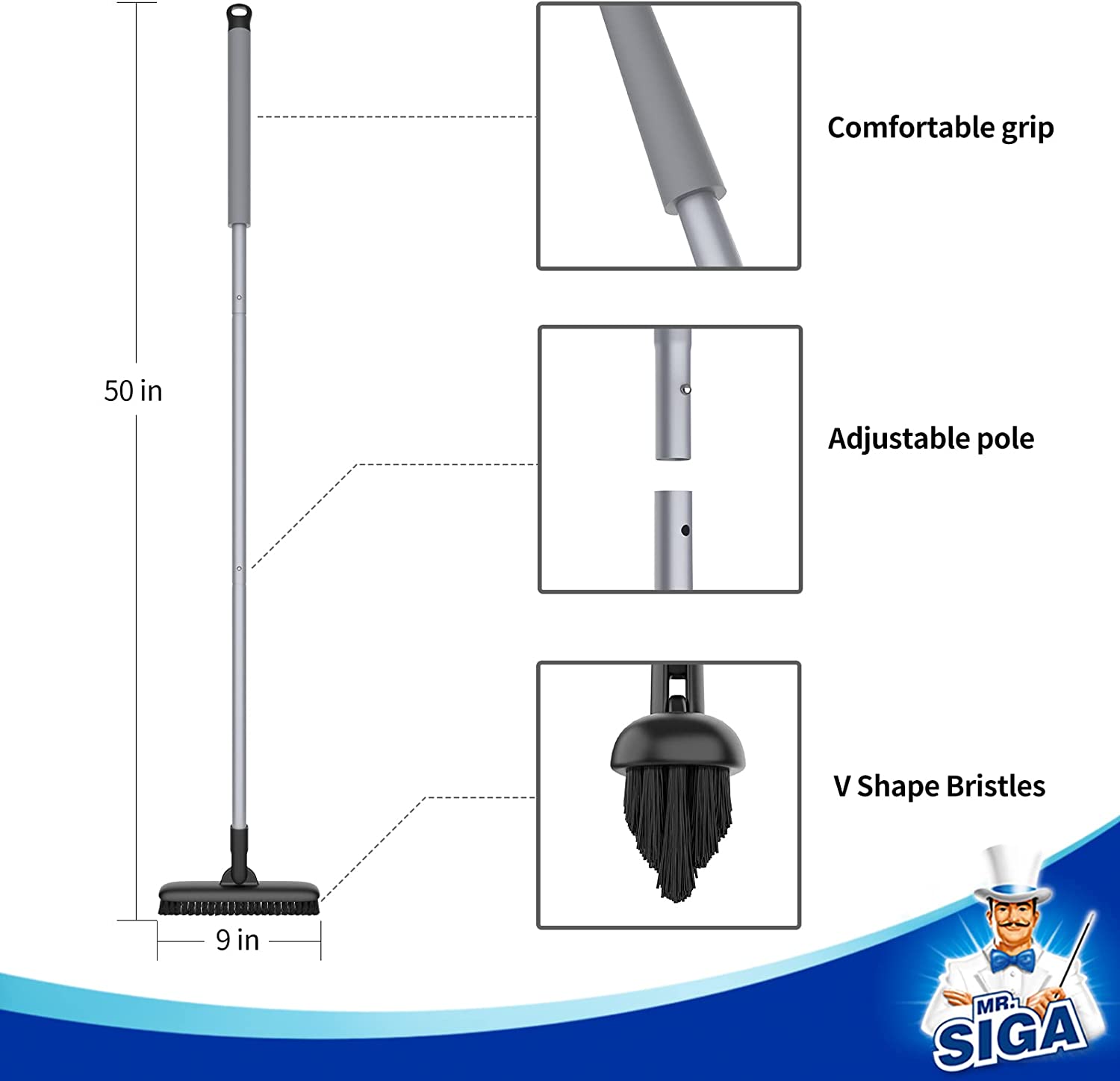 MR.SIGA Heavy Duty Grout Scrub Brush with Long Handle, Shower Floor Scrubber for Cleaning, Tile Scrub Brush with Stiff Bristles