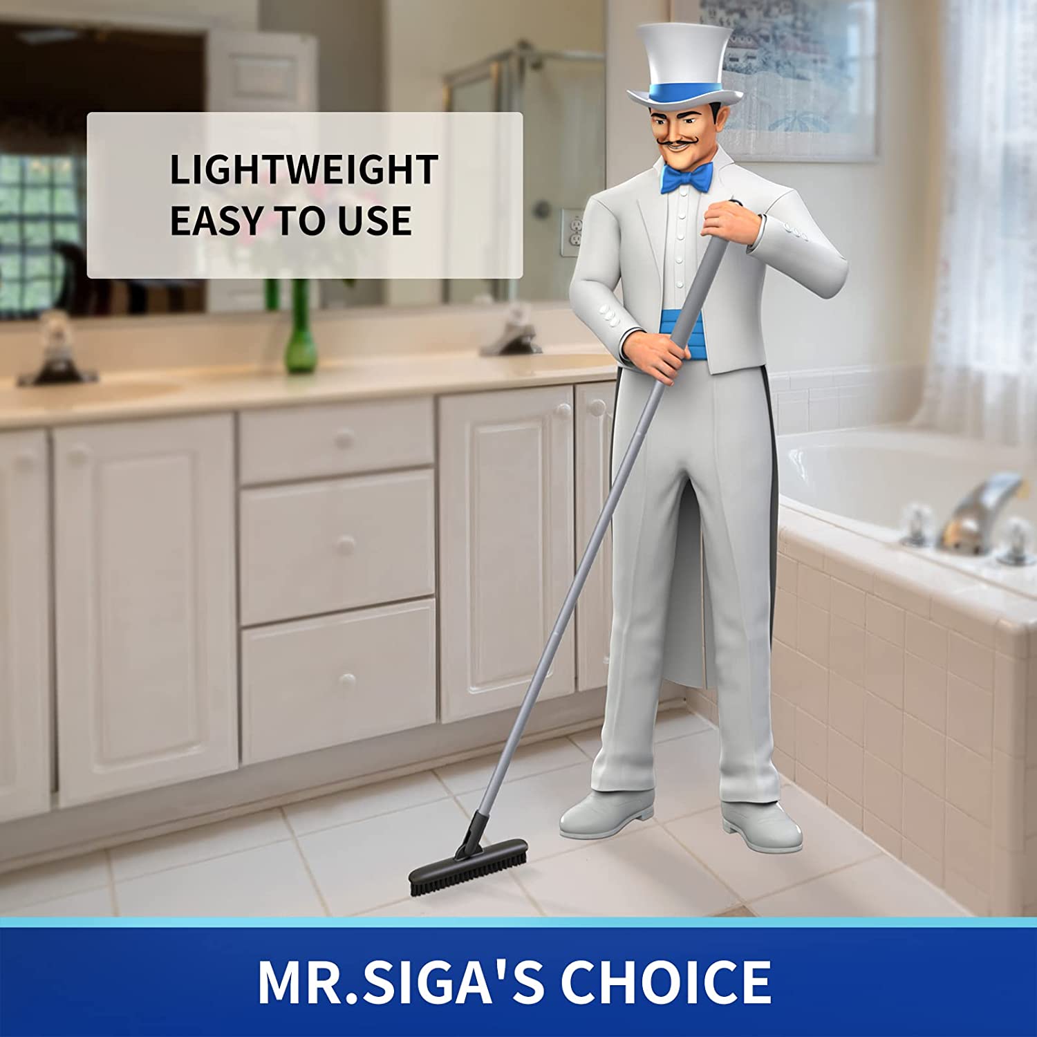 MR.SIGA Heavy Duty Grout Scrub Brush with Long Handle, Shower Floor Scrubber for Cleaning, Tile Scrub Brush with Stiff Bristles