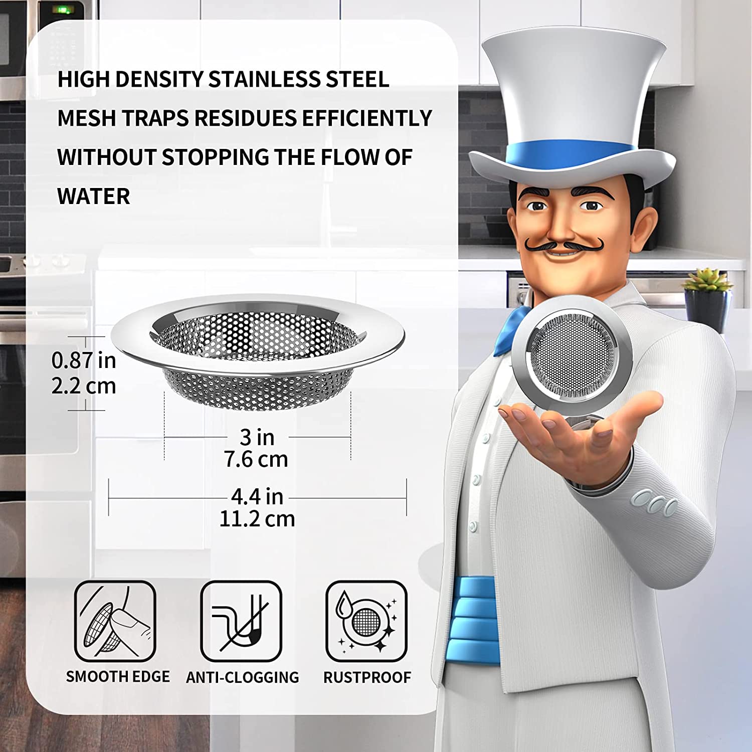 MR.SIGA Kitchen Sink Strainer, Stainless Steel Sink Drain Strainer, Dishwasher Safe, Outer Diameter 4.4 inch/11.2cm, Inner Diameter 3 inch/7.6cm, Pack of 3