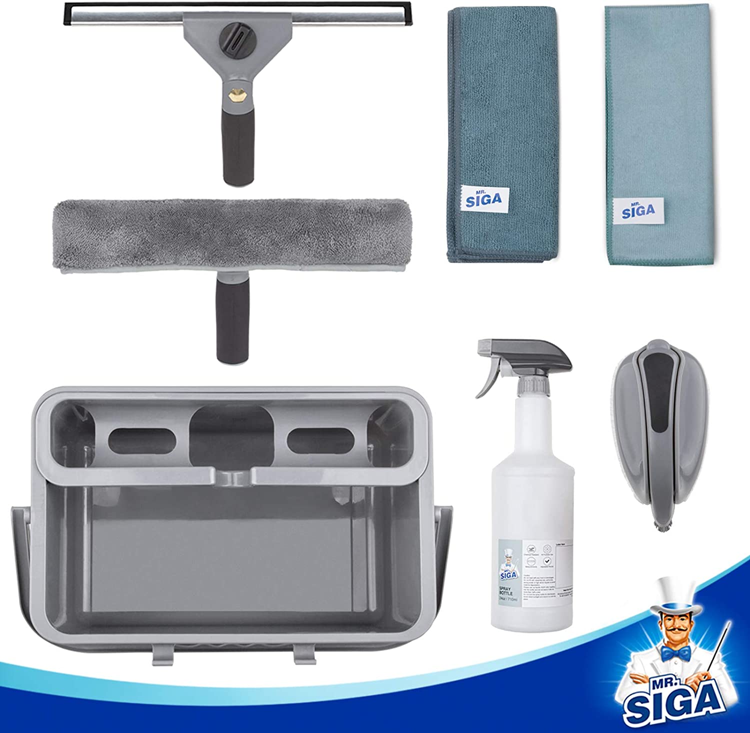 MR.SIGA Window Cleaning Kit with Storage Caddy, Professional Window Washing Equipment, Multi-Purpose Household Cleaning Supplies Kit