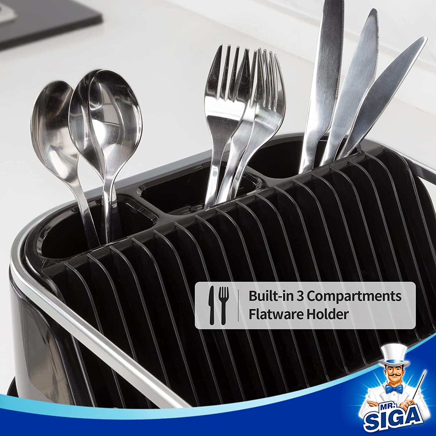 MR.SIGA Geschirrabtropfgestell für die Küchentheke, kompaktes Abtropfgestell mit Abtropffläche, Utensilienhalter und Tassenablage, schwarz 