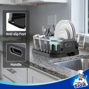MR.SIGA Dish Drying Rack for Kitchen Counter, Compact Dish Drainer with Drainboard, Utensil Holder and Cup Rack, Black