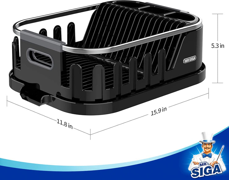 MR.SIGA Dish Drying Rack for Kitchen Counter, Compact Dish Drainer with Drainboard, Utensil Holder and Cup Rack, Black
