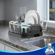 MR.SIGA Dish Drying Rack for Kitchen Counter, Compact Dish Drainer with Drainboard, Utensil Holder and Cup Rack, Black