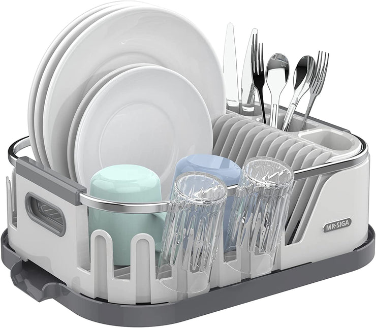 MR.SIGA Dish Drying Rack for Kitchen Counter, Compact Dish Drainer with Drainboard, Utensil Holder and Cup Rack, White