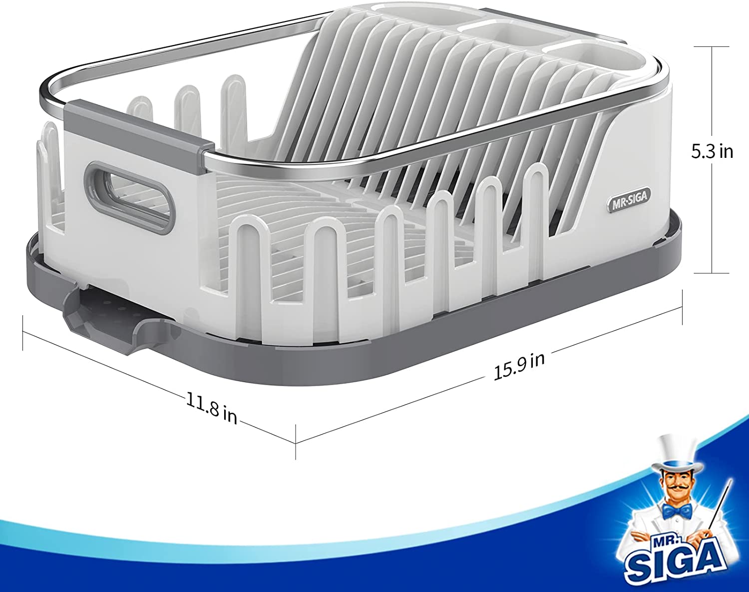 MR.SIGA Dish Drying Rack for Kitchen Counter, Compact Dish Drainer with Drainboard, Utensil Holder and Cup Rack, Plastic Kitchen Drying Rack for Dishes, Cups, Knives, Spoons and Forks, White