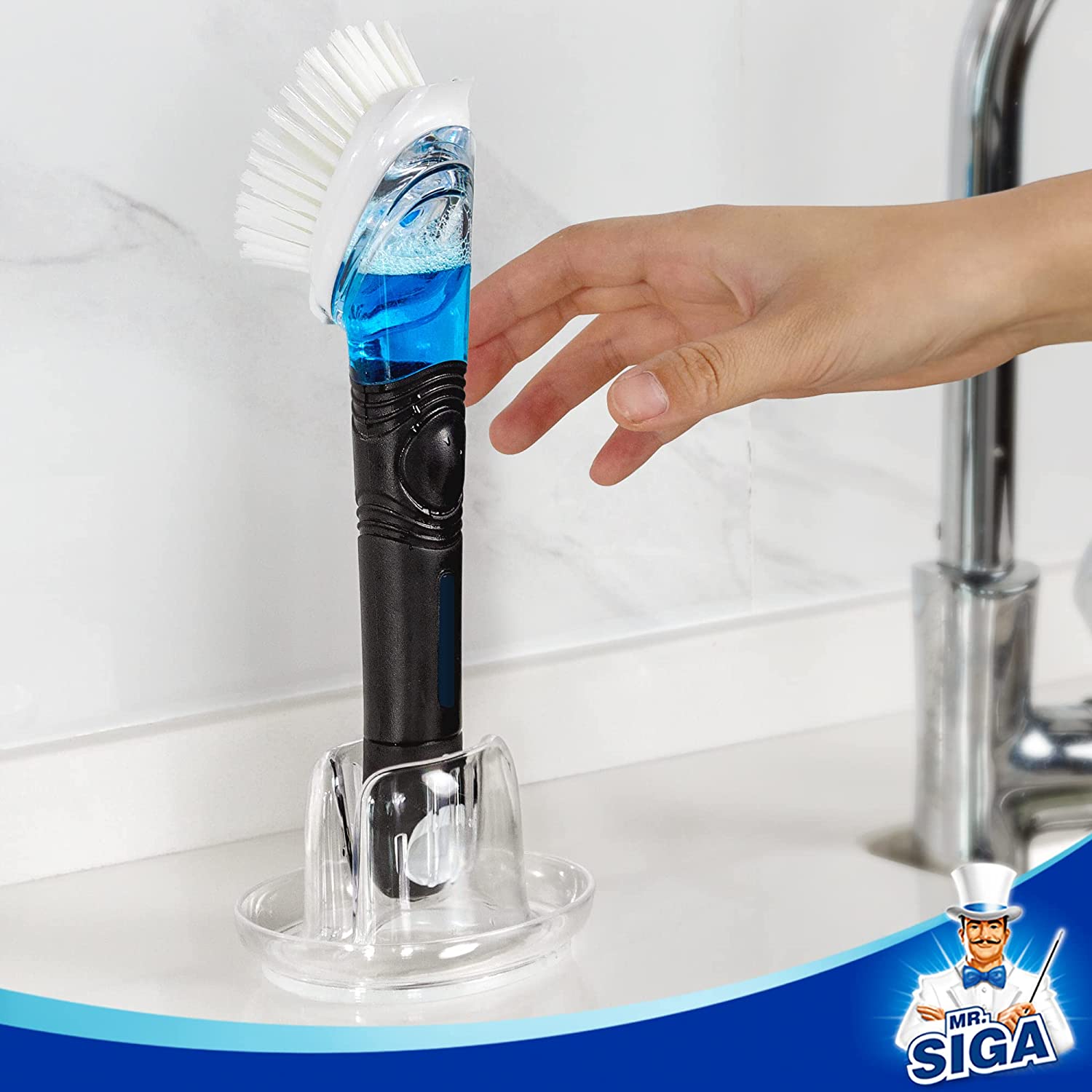 MR.SIGA Soap Dispensing Dish Brush Storage Set, Kitchen Brush with Holder for Pot Pan Sink Cleaning