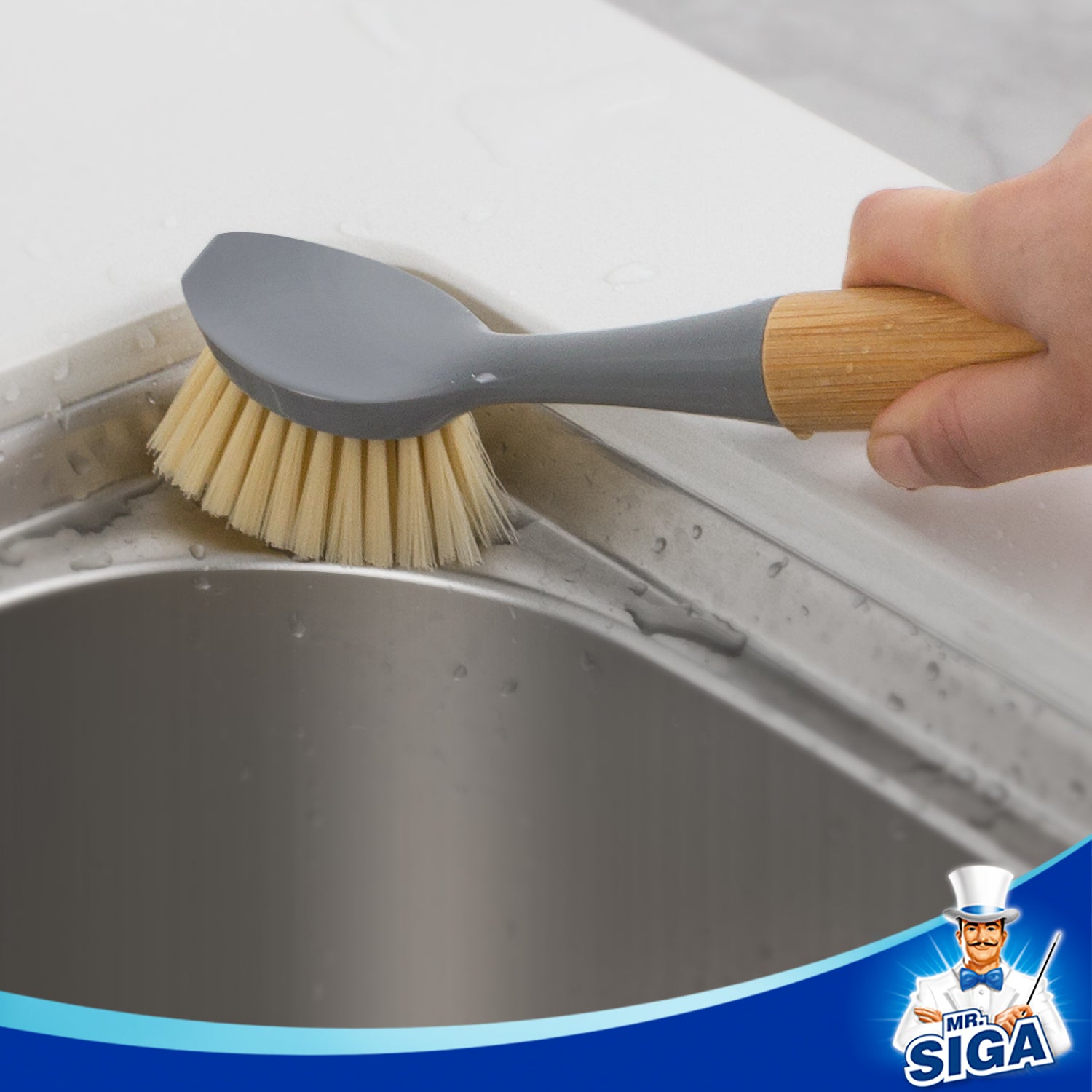 MR.SIGA Dish Brush with Bamboo Handle Built-in Scraper, Pack of 2