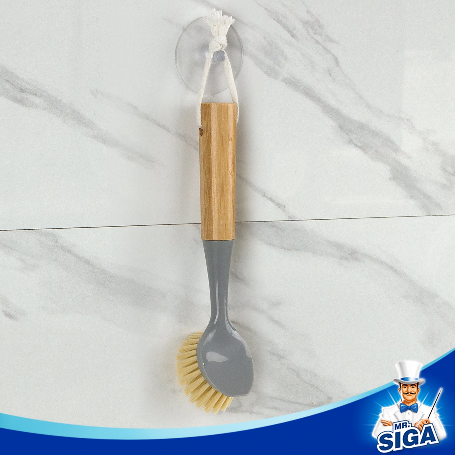 MR.SIGA Dish Brush with Bamboo Handle Built-in Scraper, Pack of 2