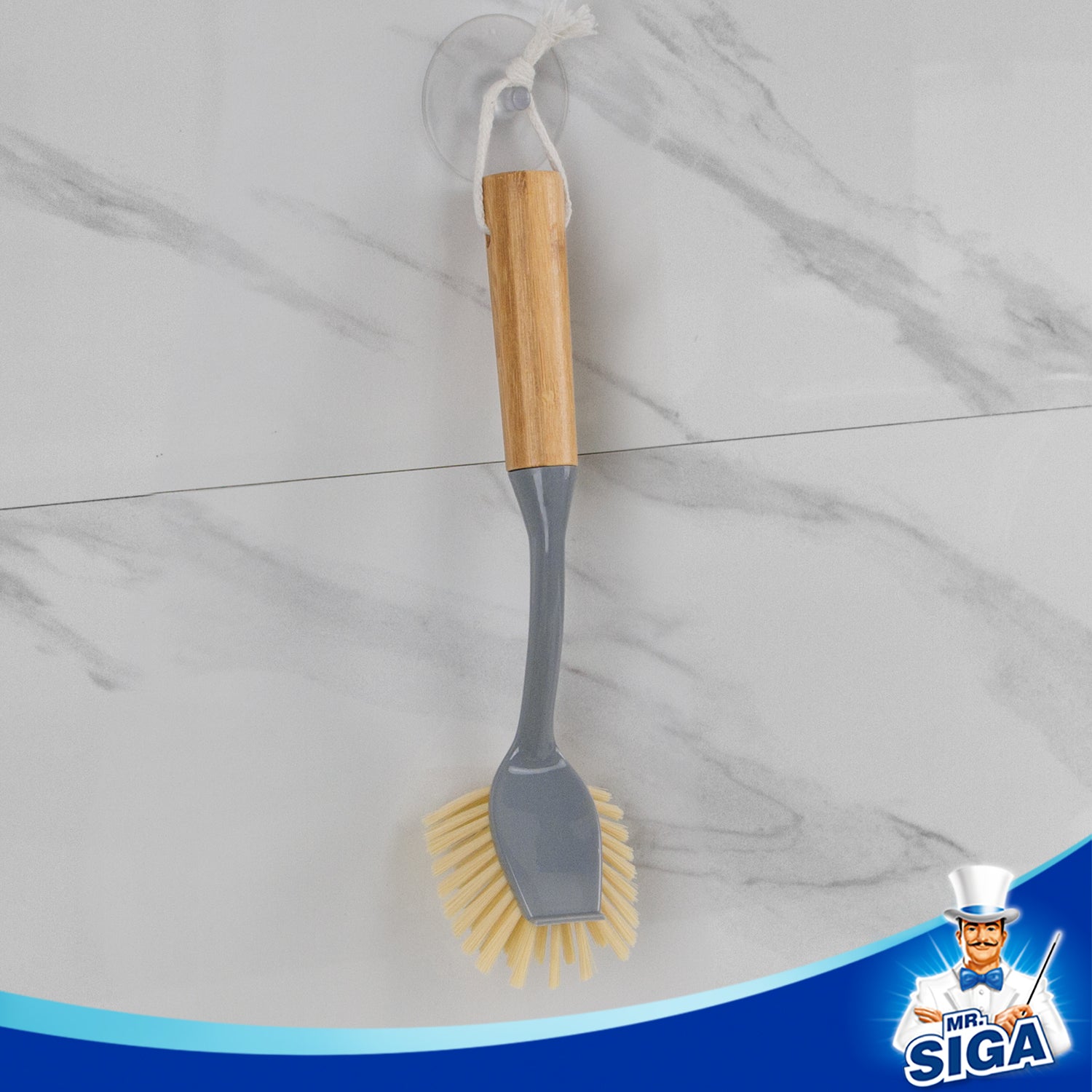 MR.SIGA Dish Brush with Long Bamboo Handle Built-in Scraper, Pack of 2
