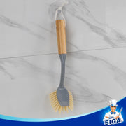 MR.SIGA Dish Brush with Long Bamboo Handle Built-in Scraper, Pack of 2