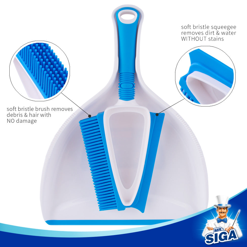 MR.SIGA Soft Bristle Brush/Scrubber with Dustpan, Blue & White,1 Set