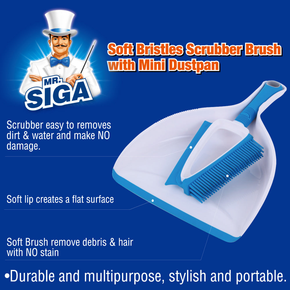 MR.SIGA Soft Bristle Brush/Scrubber with Dustpan, Blue & White,1 Set