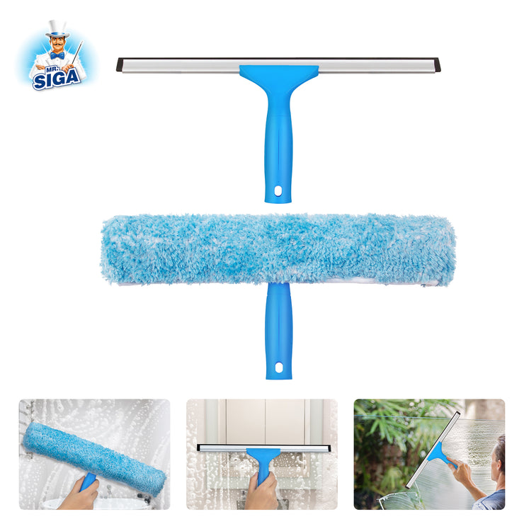 MR.SIGA Professional Window Cleaning Combo - Squeegee & Microfiber Window Scrubber, 14"