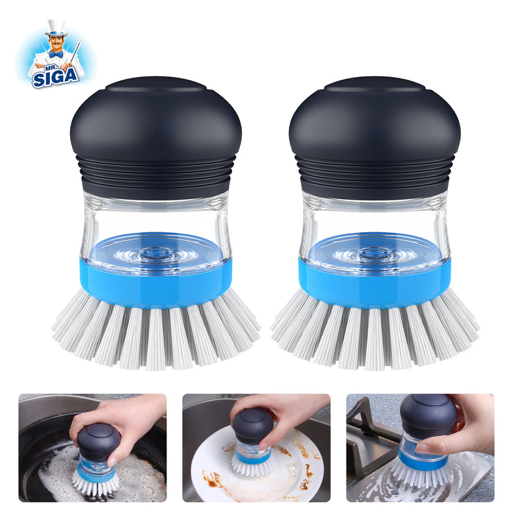 MR.SIGA Soap Dispensing Palm Brush Kitchen Brush for Dish Pot Pan Sink Cleaning Pack of 2 Navy/Blue