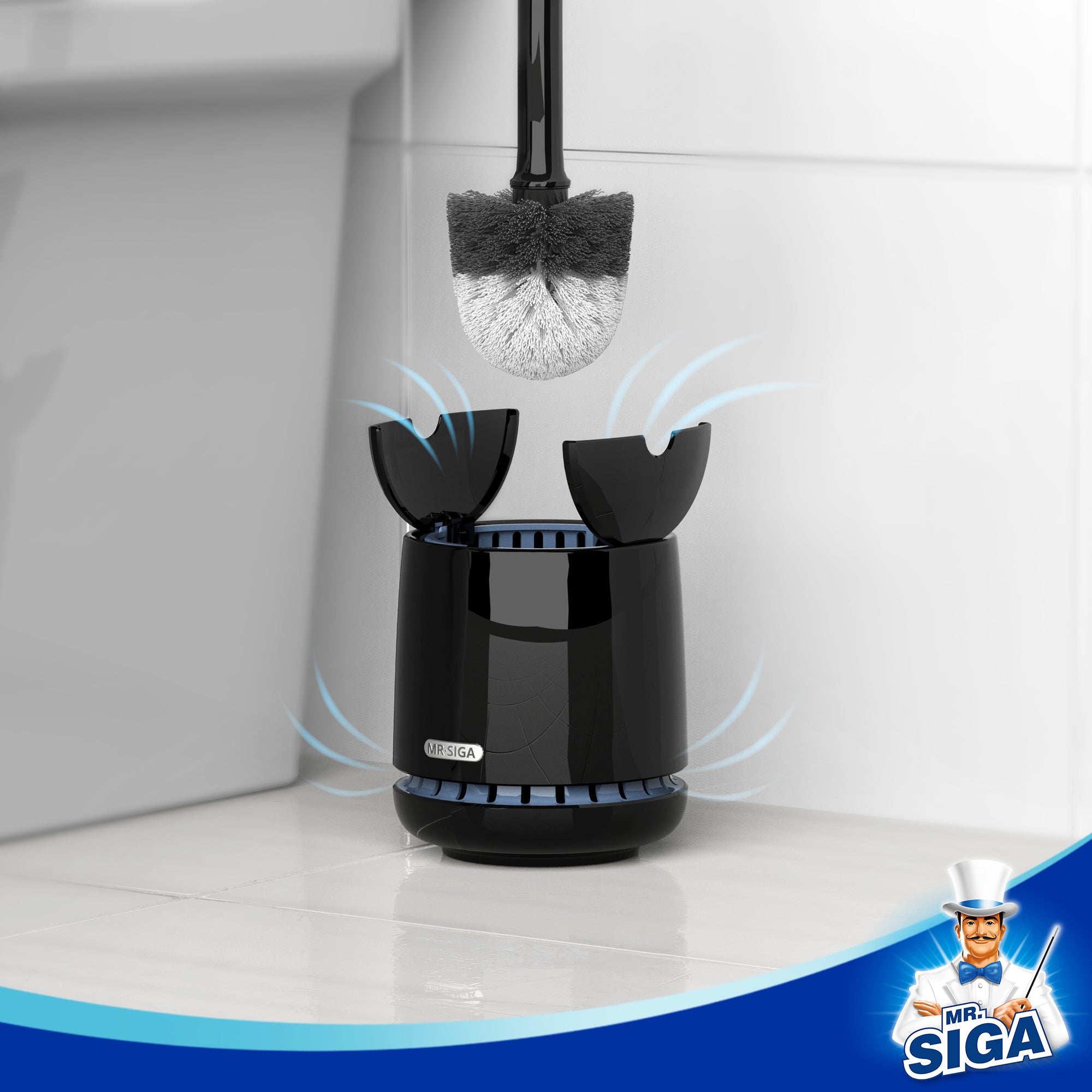 MR.SIGA Toilet Bowl Brush and Holder, Premium Quality, with Solid Handle and Durable Bristles for Bathroom Cleaning, Black, 1 Pack