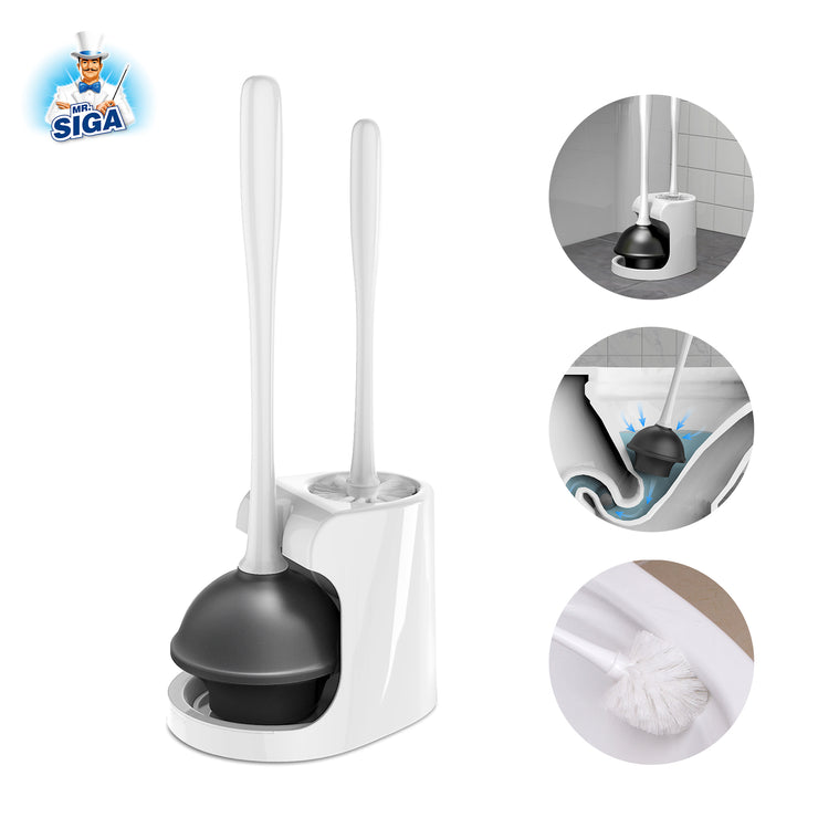 MR.SIGA Toilet Plunger with Holder, Heavy Duty Toilet Plunger and Holder Combo for Bathroom Cleaning, White