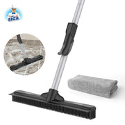 MR.SIGA Pet Hair Removal Rubber Broom with Built in Squeegee, 2 in 1 Floor Brush for Carpet, Includes One Microfiber Cloth for Floor Dusting