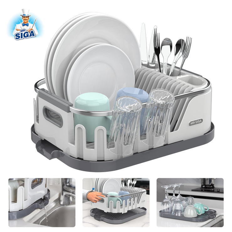 MR.SIGA Dish Drying Rack for Kitchen Counter, Compact Dish Drainer with Drainboard, Utensil Holder and Cup Rack, White
