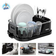 MR.SIGA Dish Drying Rack for Kitchen Counter, Compact Dish Drainer with Drainboard, Utensil Holder and Cup Rack, Black