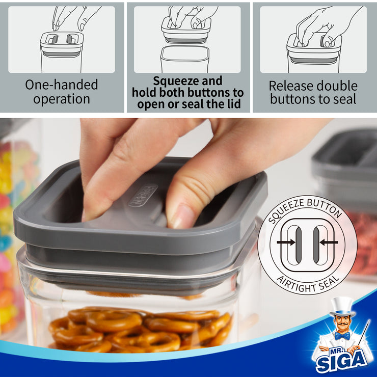 MR.SIGA 4 Pack Airtight Food Storage Container Set, BPA Free Kitchen Pantry Organization Canisters with One-Handed Leak Proof Lids, 1L / 34oz, Medium, Gray