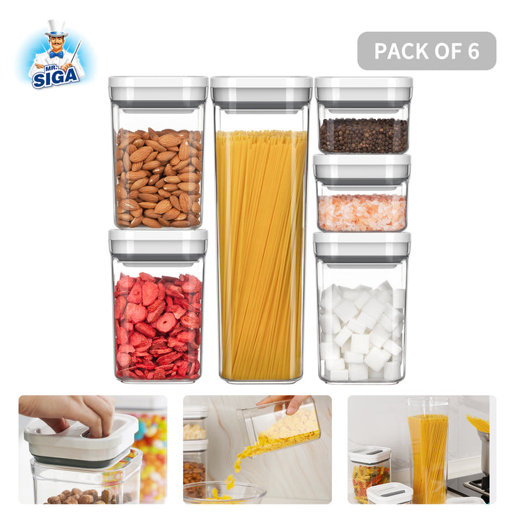 MR.SIGA 6 Piece Airtight Food Storage Container Set, , One-handed Kitchen Storage Containers for Cereal, Spaghetti, Pasta, White